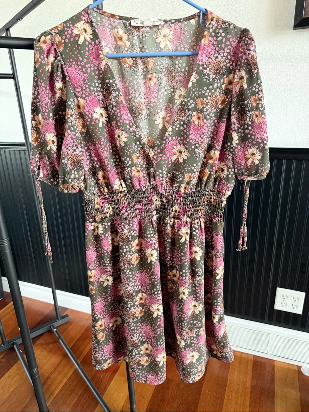 lola Olive Floral V-Neck Smocked Mini Dress with Pink & Cream Blooms